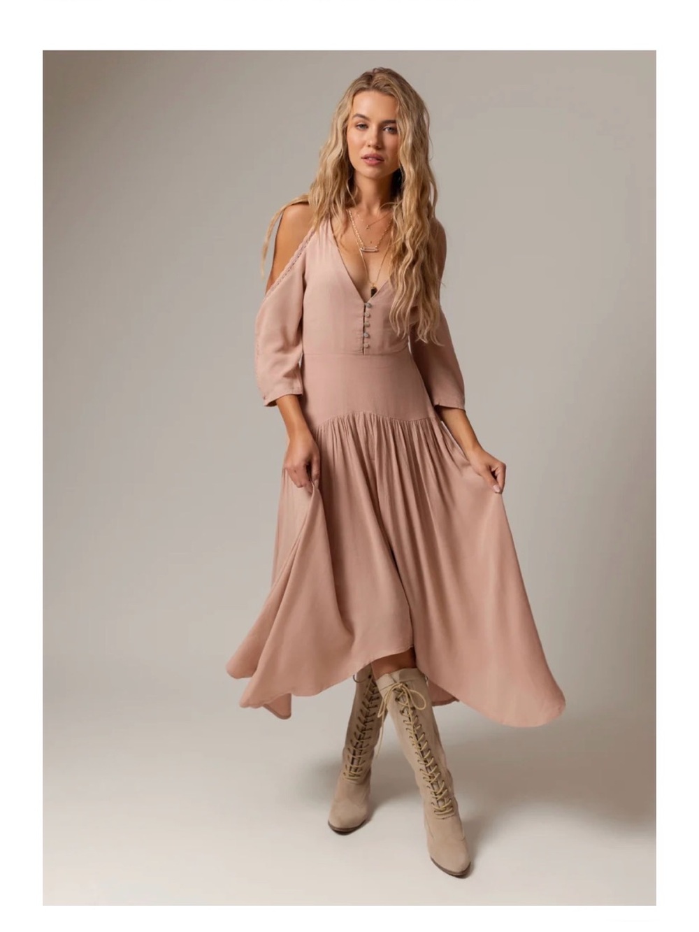 Joyfolie Mauve Blush Cold-Shoulder Midi Dress Top